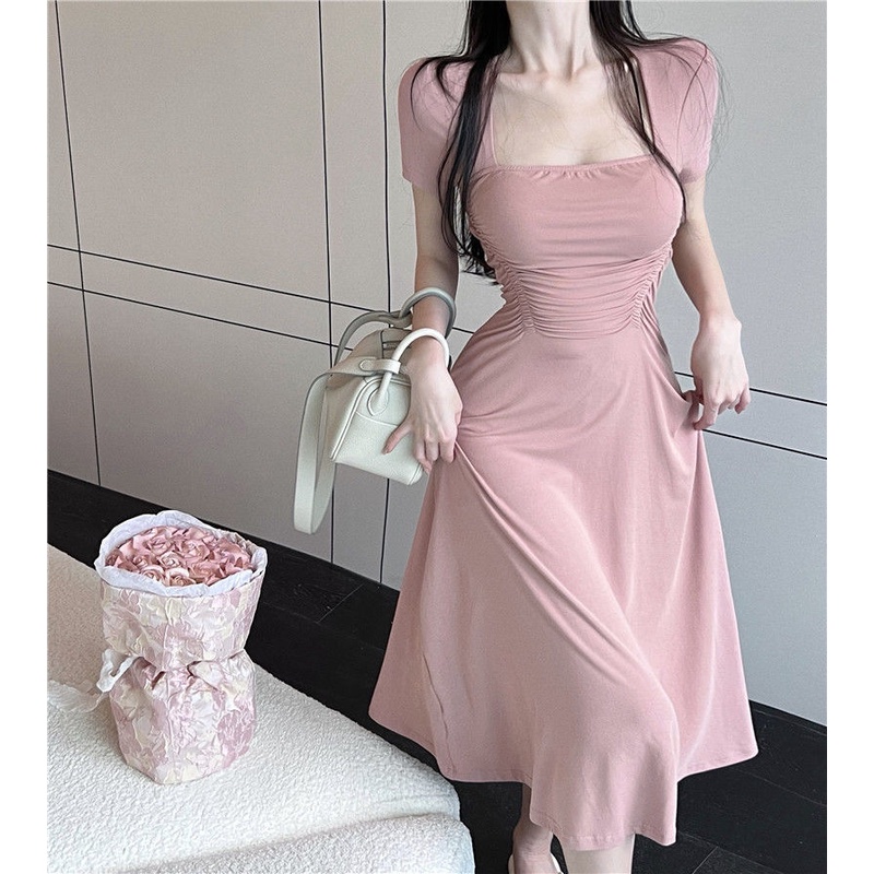 Đầm Tay Ngắn Cổ Vuông Nhấn Eo Phong Cách Pháp Thời Trang 202 Cho Nữ