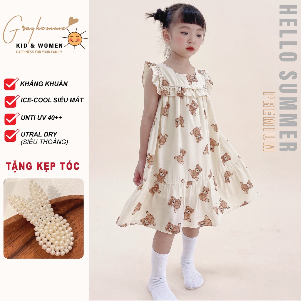Váy Bé Gái Họa Tiết Gấu GRAYHOMME Chất Lanh cotton cao cấp mềm, nhẹ, siêu mát, cử động thoải mái VK006