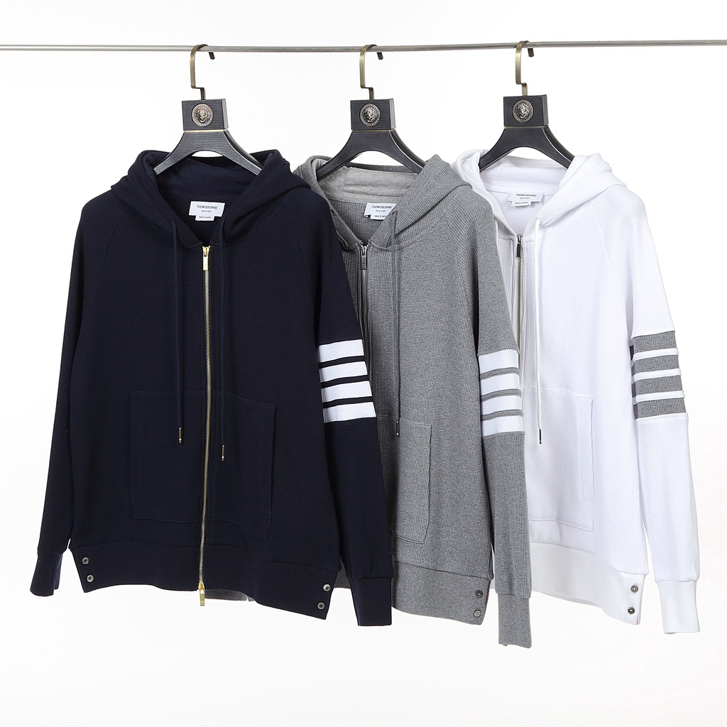 Áo khoác dệt kim nam nữ Thom Brow.ne 4-Bar zip up 217 chất vải len bông cao cấp hàng thiết kế tay áo kẻ sọc sang trọng
