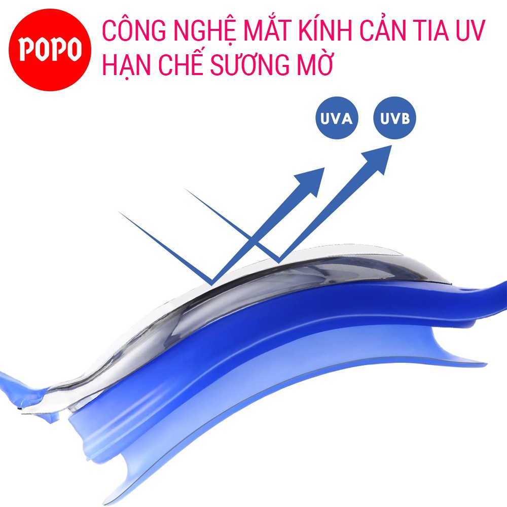 Bộ Kính bơi Mũ bơi Bịt tai kẹp mũi POPO G300-CA31, mắt kính cản tia UV hạn chế sương mờ, nón bơi ngăn nước