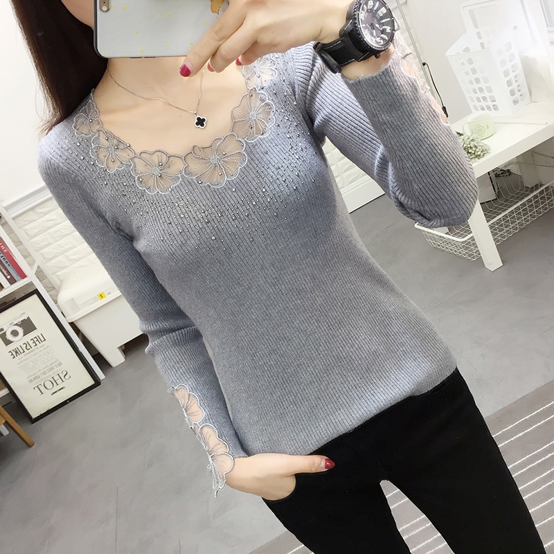 MỚI Áo len tay dài phối ren hoa thiết kế dáng rộng cho nữ