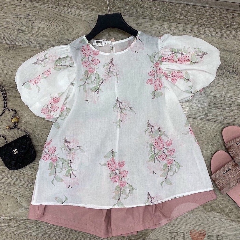 Đồ bộ bé gái- Set áo thô họa tiết hoa đào và quần đũi cho bé 1-5 tuổi