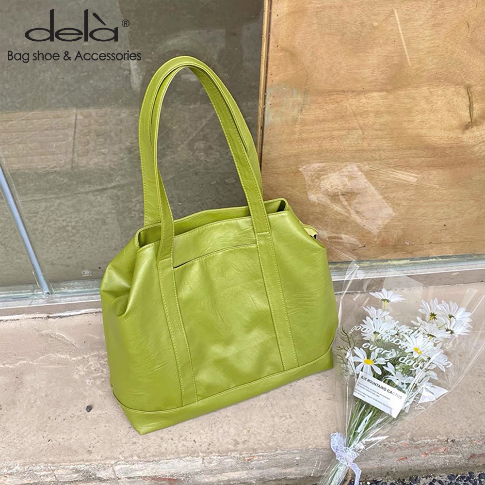 Dela Túi tote Da PU Mềm Sức Chứa Lớn Màu Xanh Bơ Dành Cho Nữ