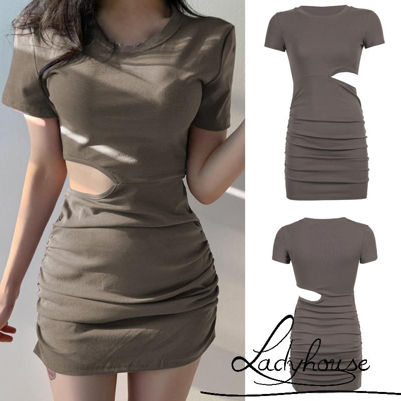 Đầm ôm dáng tay ngắn cổ tròn màu trơn thiết kế thời trang cho nữ