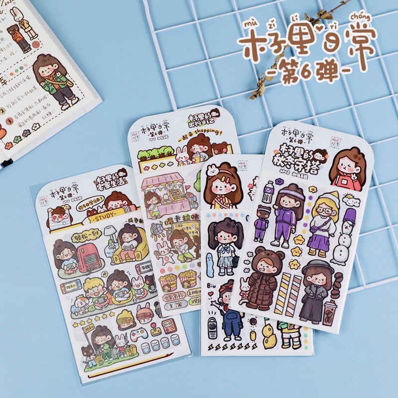 Set 4 Tấm Sticker Dạng Washi Tự Cắt Hình Cô Gái Và Gấu Dễ Thương Trang Trí Bullet Journal