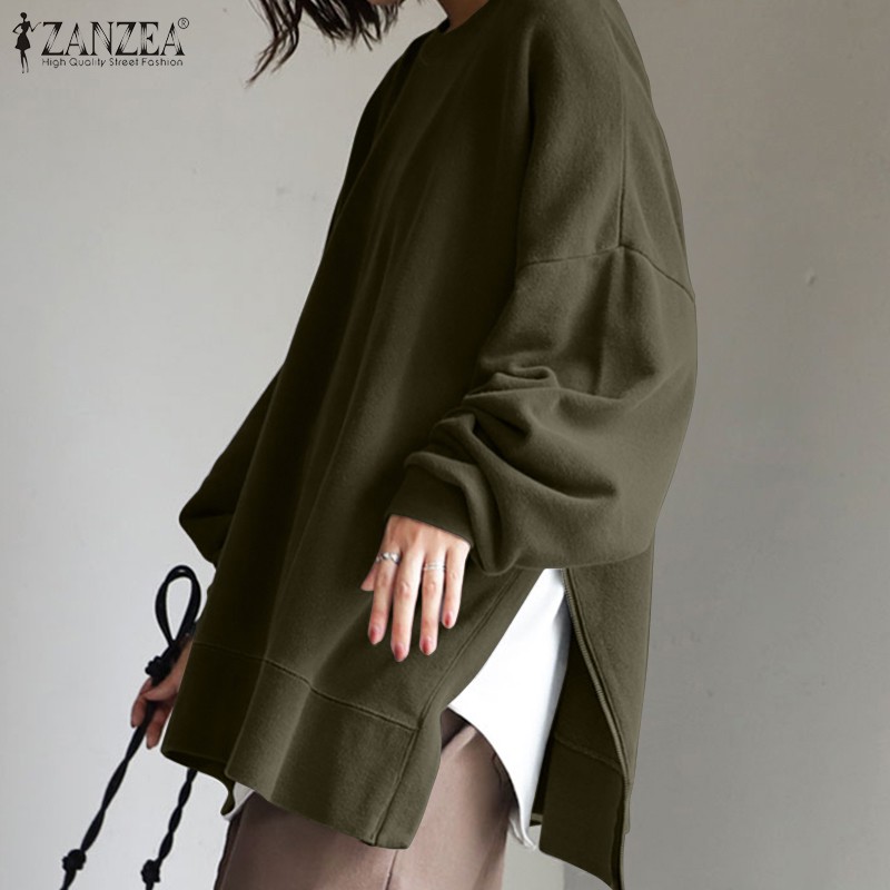 ZANZEA Áo sweatshirt cổ tròn tay dài và phồng xẻ tà thời trang cho nữ