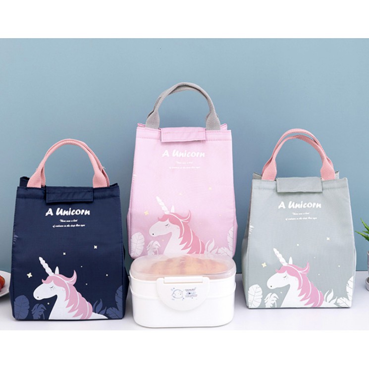 Túi đựng cơm vải Oxford Pink Unicorn nắp dính có lớp lót nhôm giữ nhiệt (sizesize 18x15x24cm)