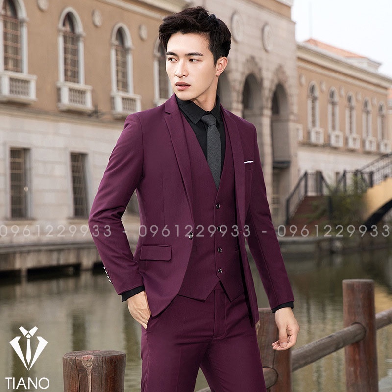 Bộ Vest nam form ôm body 1 cúc màu ĐỎ ĐÔ chất vải dày mịn co giãn nhẹ, form ôm đẹp. Suit Nam Cao Cấp - TIANO STORE