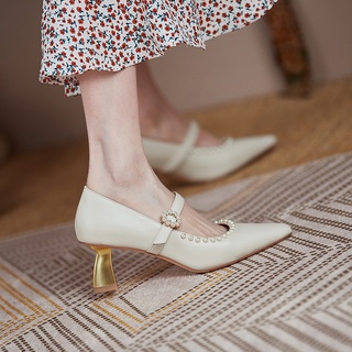 Giày cao gót Mary Jane quai ngang viền ngọc gót kiểu phong cách công sở tiểu thư