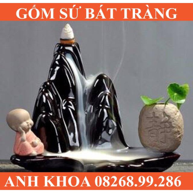 Thác Khói Chú tiểu bên thác suối - Gốm sứ Bát Tràng Anh Khoa