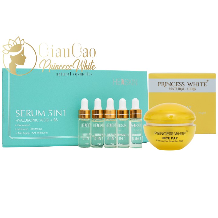 COMBO DƯỠNG TRẮNG DA NGÀY VÀ ĐÊM NICEDAY (20g) + SERUM  CĂNG BÓNG DA 5IN1(35ml)  HERSKIN PRINCESS WHITE (MẪU MỚI)