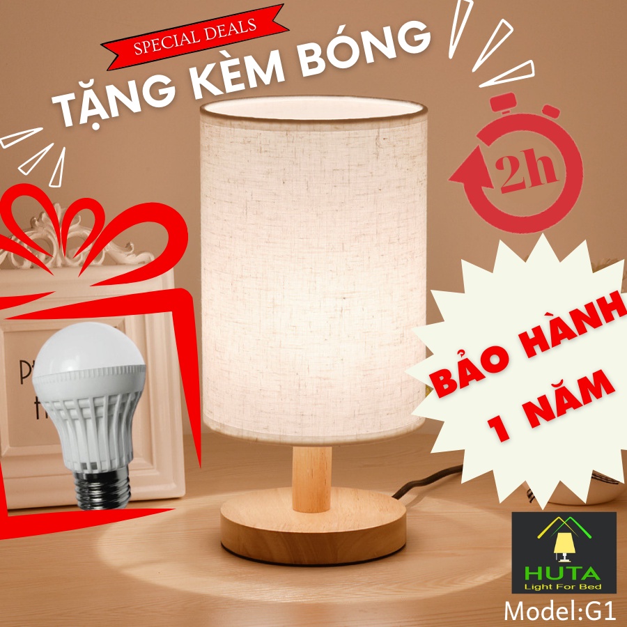 Đèn Ngủ Để Bàn Gỗ, Điều Chỉnh Độ Sáng, Bóng Led, Chao Vải, Vintage Hàn Quốc, Vàng Ấm,Dùng Phòng Ngủ,Đầu Giường, Decor G1