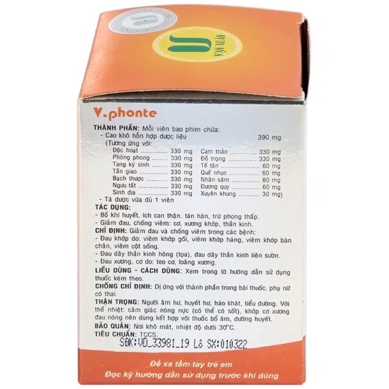 Viên Uống V-Phonte Phong Thấp Độc Hoạt Tang Kí Sinh Vạn Xuân Hộp 40 Viên