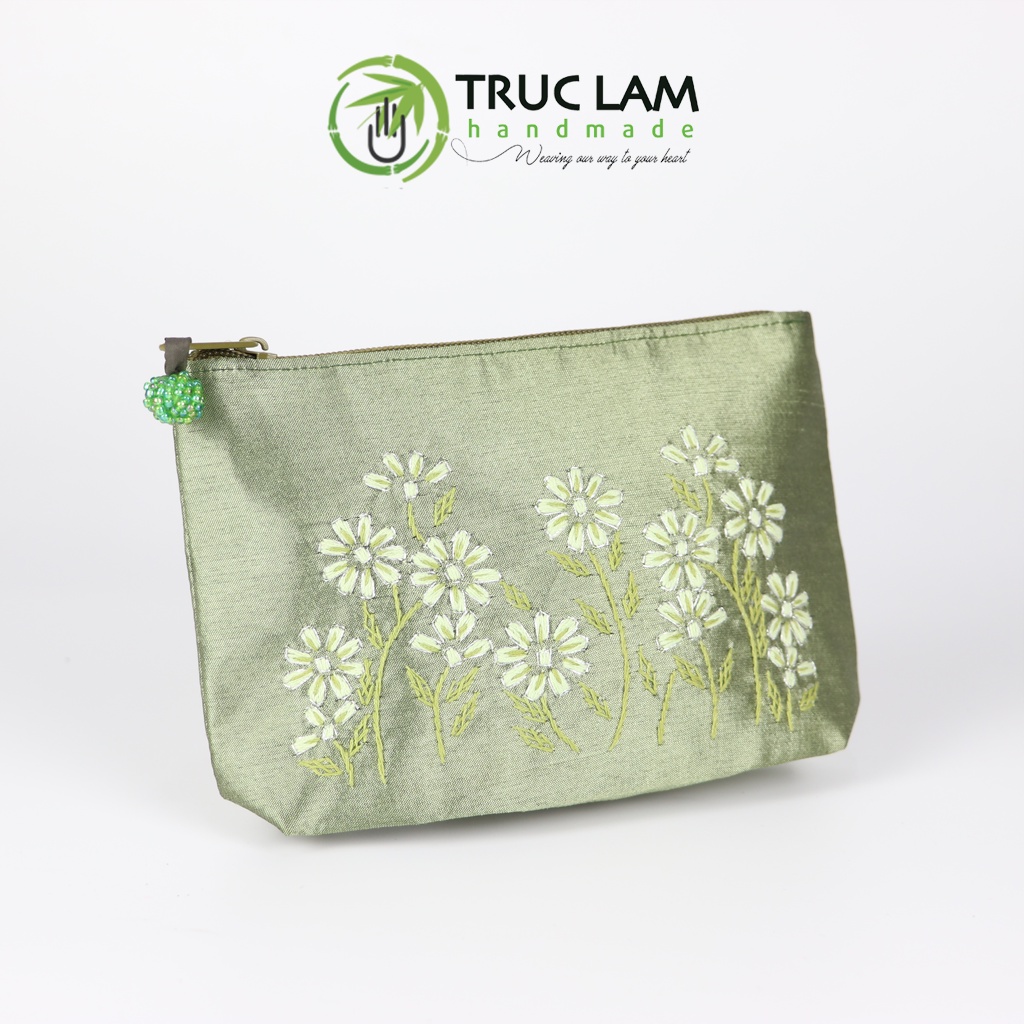 Ví Cầm Tay Túi Đựng Vải Tafta Họa Tiết Hoa Cỏ Kim Tuyến Thêu Tay - Trúc Lâm Handmade