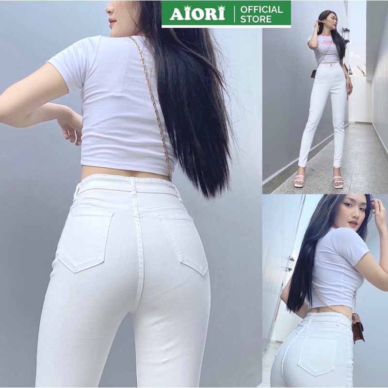 Quần Jeans Nữ, Quần Bò Nữ Skinny Lưng Cao Màu Trắng Cạp Cao Co Giãn Trơn Cơ Bản