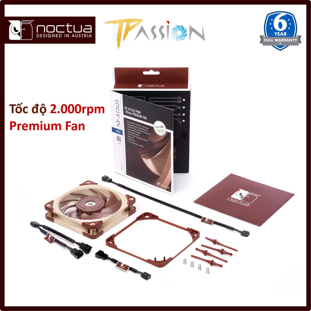 Quạt tản nhiệt fan case 12cm Noctua NF-A12x25 PWM tốc độ 2000rpm - Chính hãng bảo hành 72 tháng, cực bền, cực êm