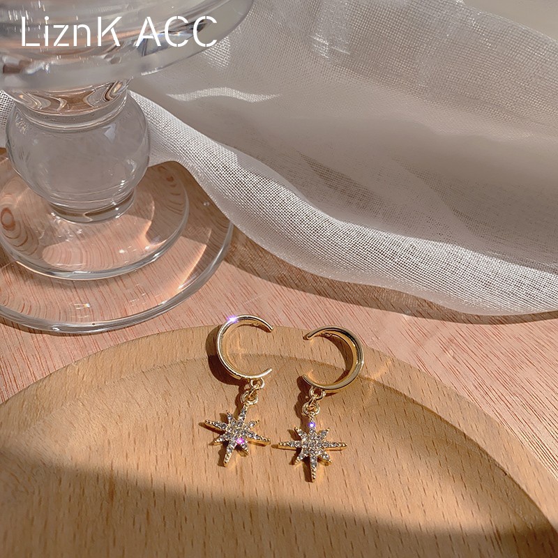 Bông Tai Hình Mặt Trăng Ngôi Sao Đính Đá s925 Phong Cách Pháp Đơn Giản Thời Trang Cho Nữ