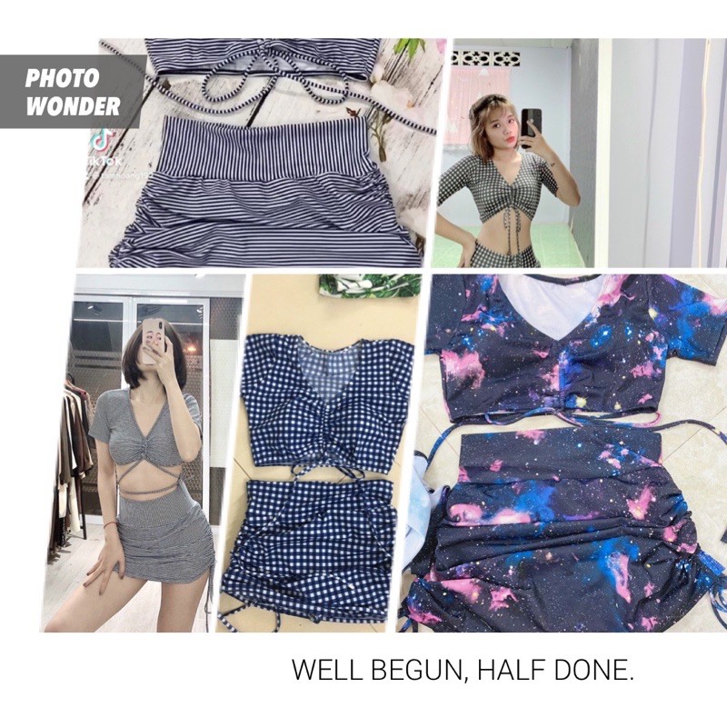 Bikini biển 2 mảnh ❤️ Siêu hót ❤️ Đồ bơi tay ngắn phối quần đùi váy nhún 2 bên | BigBuy360 - bigbuy360.vn