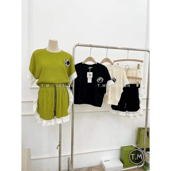Set bộ đồ nữ Hoa trà phối ren cao cấp