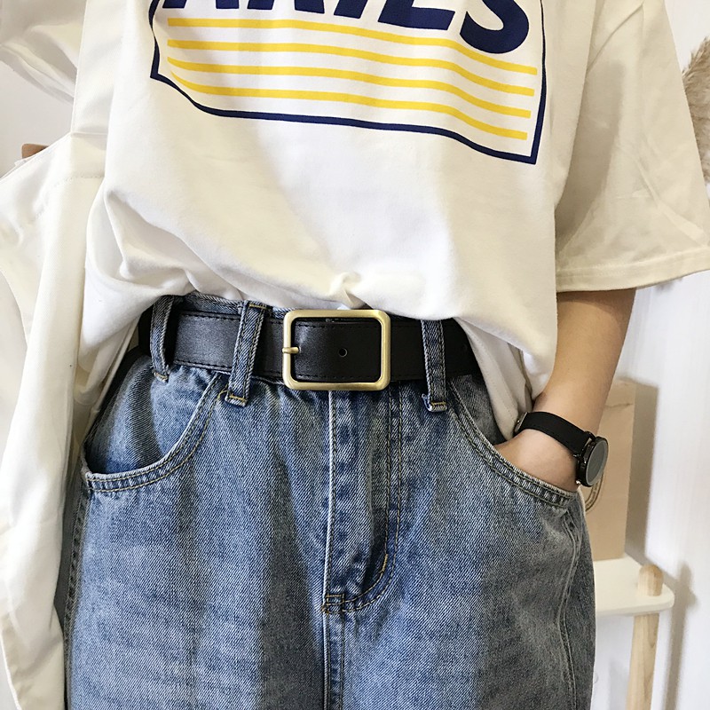 Thắt lưng da PU khóa đồng hình chữ nhật phong cách retro Hàn Quốc