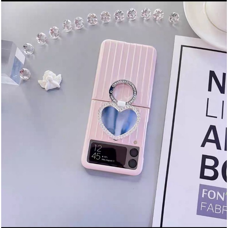 [HÀNGSẴN] Ốp Samsung Z Flip 3 / Z Flip3 / ZFlip3 gương trái tim viền đá lấp lánh kèm móc ring
