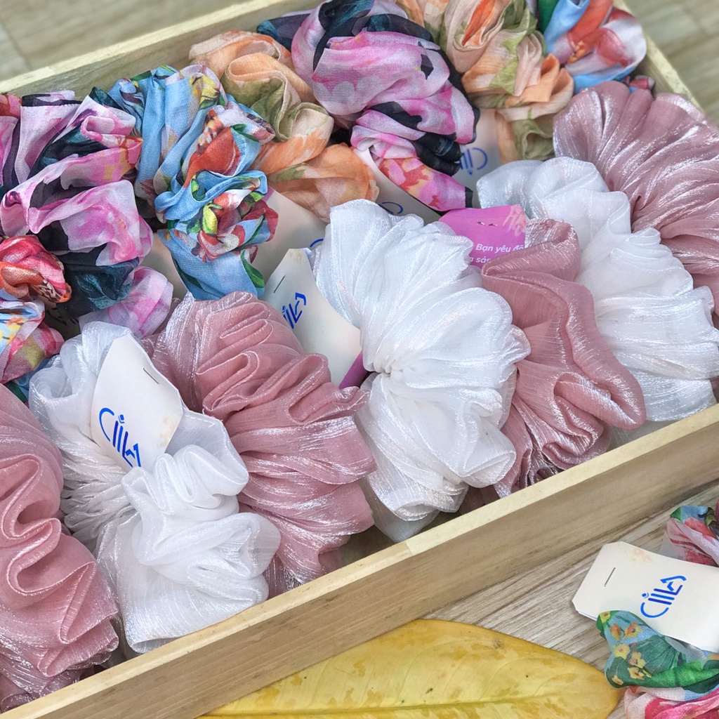 Scrunchies lụa tơ, chun buộc tóc cột tóc siêu phồng Cilla