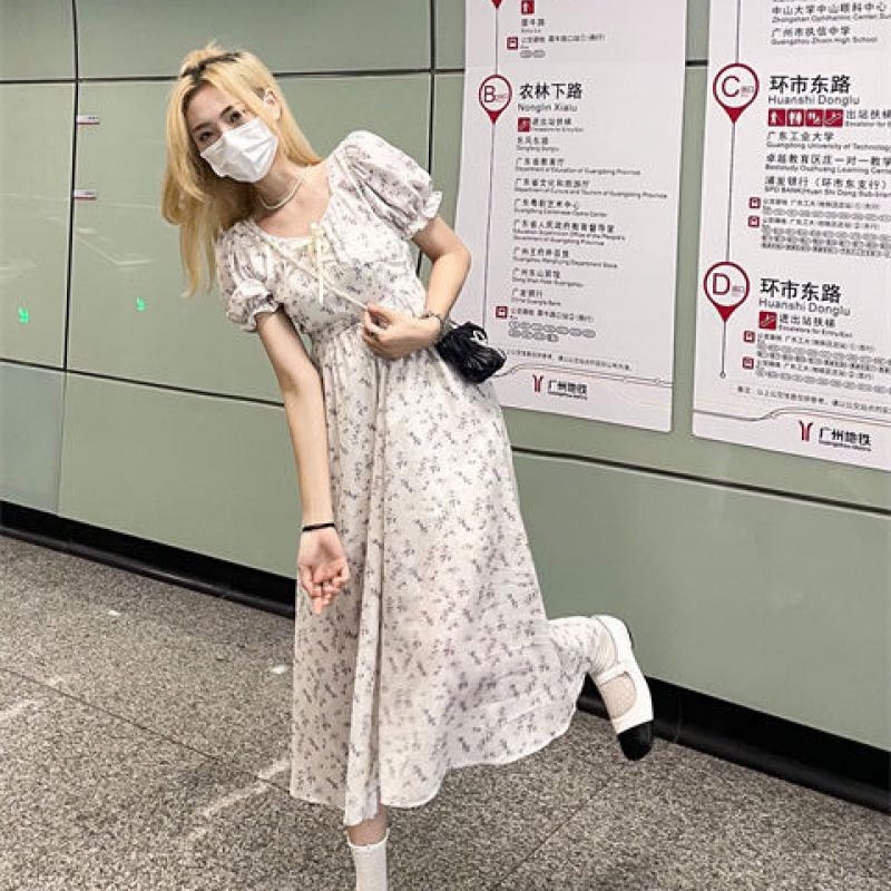 Đầm chiffon MURIOKI dáng chữ A cổ vuông tay phồng in họa tiết hoa phong cách Hàn Quốc thời trang cho nữ