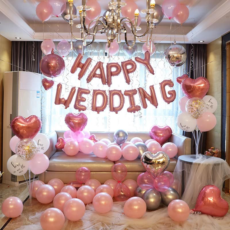 Combo trang trí phòng cưới Happy Wedding ( Tặng Trụ Mika Làm Bóng Bay, Bóng 4D)