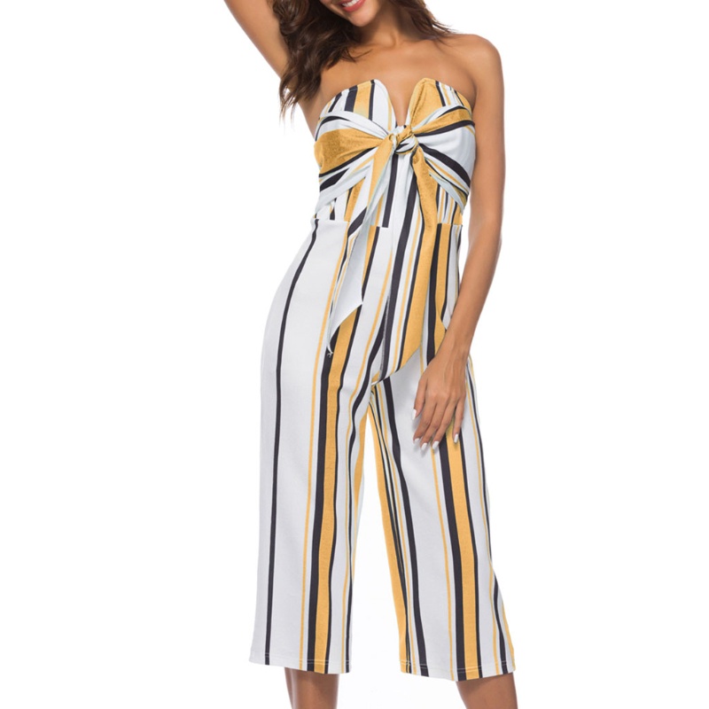 Bộ Áo Liền Quần Trễ Vai Ống Rộng Họa Tiết Kẻ Sọc Phong Cách Quyến Rũ