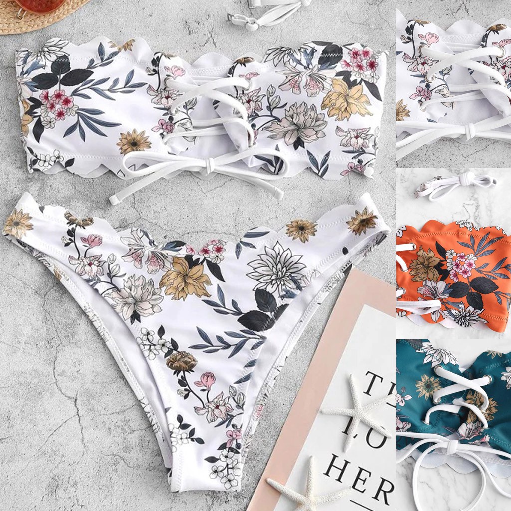 Bộ đồ bơi bikini nâng ngực in hoa phối dây buộc cho nữ