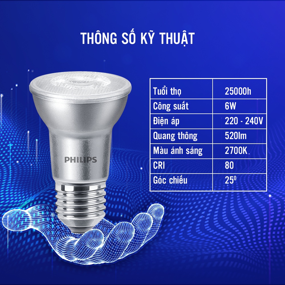 Bóng đèn Philips MAS LEDspot D 6-50W E27 827 PAR20 25D - Màu ánh sáng vàng 2700K (01 bóng)