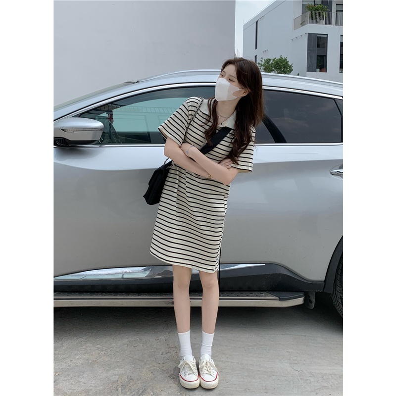 Váy thun nữ kẻ ngắn tay cổ polo