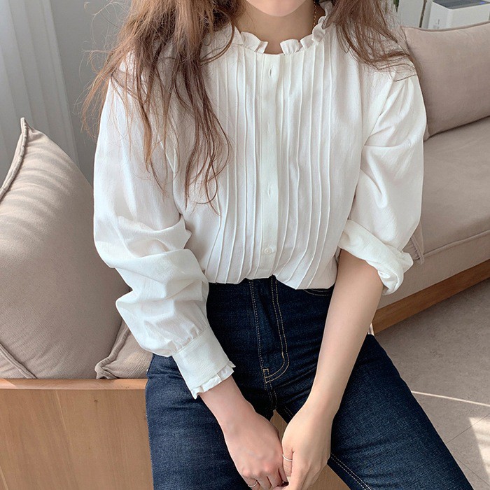 Áo Sơ Mi Cổ Xếp Ly Dọc Thân Tay Bo Cực Xinh Freesize<52kg - A.138