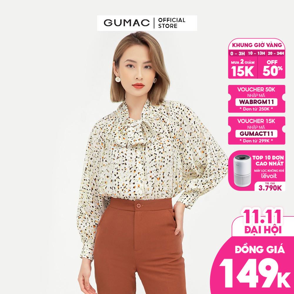 [Mã WABRGM11 giảm 10% đơn 250K] Áo kiểu nữ họa tiết GUMA, thiết kế buộc nơ màu vàng thanh lịch AB537