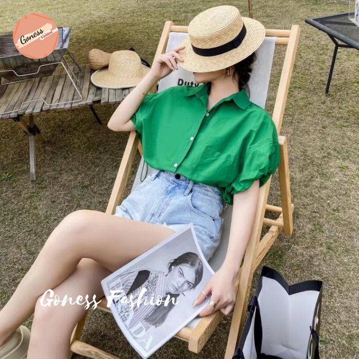 Áo sơ mi nữ Goness thiết kế kiểu tay bồng ngắn đẹp form suông nhiều màu sơmi cộc thời trang Hàn Quốc