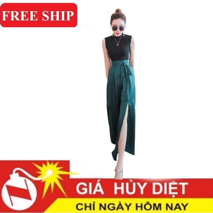 Quần ống rộng quần giả váy lưng cao áo croptop sát nách