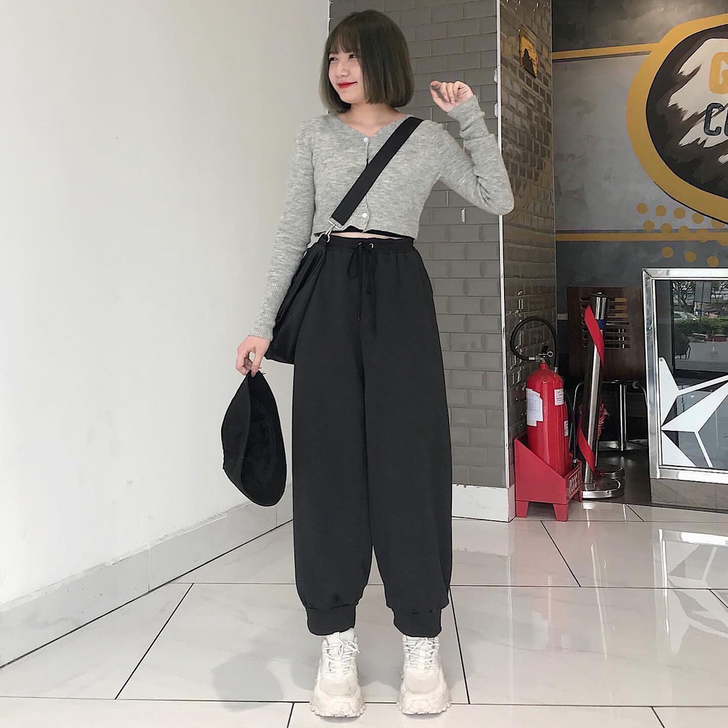 Quần Jogger Nữ Ống Rộng Màu Đen Quần Nỉ Nữ Bo Gấu Thể Thao Năng Động Lưng Chun Co Dãn ATOM 2550 Gous.go