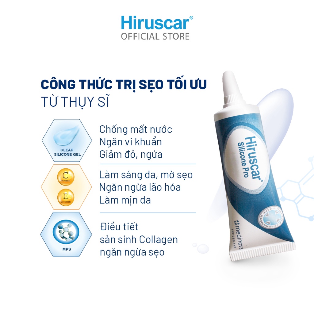 Gel xử lý sẹo mổ, to, lồi &amp; phì đại Hiruscar Silicone Pro 10g