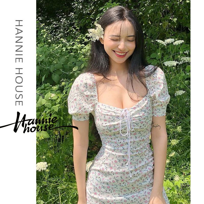 Đầm midi ôm dáng phối dây rút họa tiết hoa nữ tính thời trang