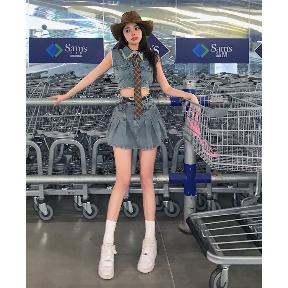 JSC Set Áo Váy Denim Chữ a Lưng Cao Phong Cách Hong Kong Thời Trang Mùa Hè Hàng Mới Dành Cho Bạn Nữ