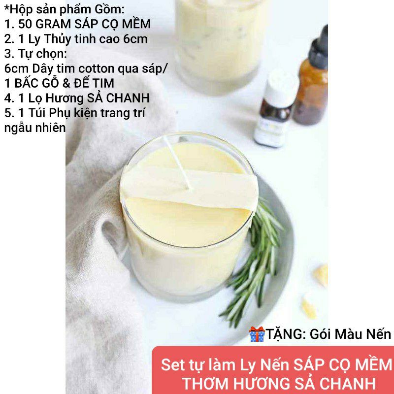 Set tự làm Ly Nến Sáp CỌ MỀM THƠM HƯƠNG SẢ CHANH tự chọn Tim COTTON/BẤC GỖ