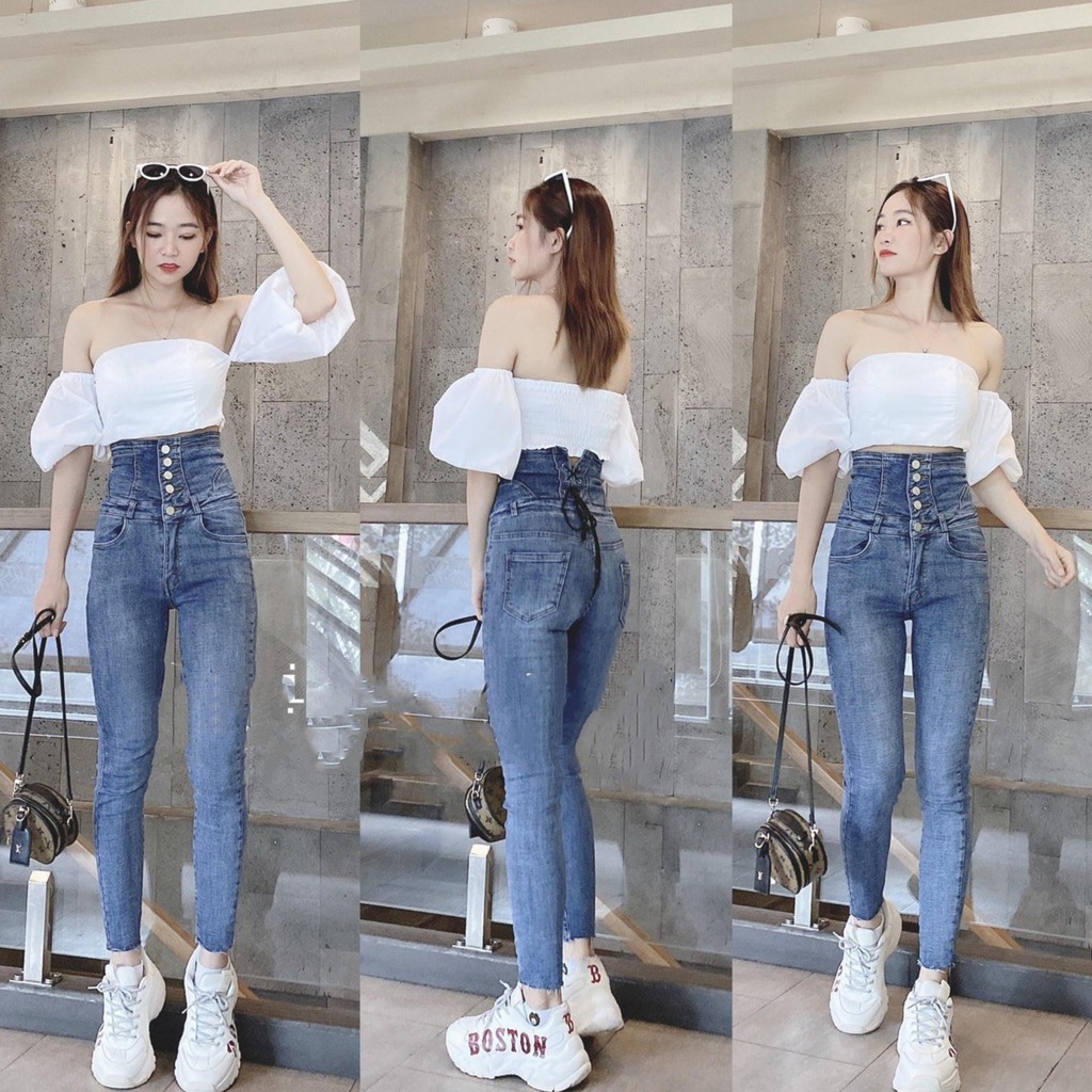 Quần jean nữ lưng cao 5 CÚC TRƯỚC phối CỘT NƠ SAU EO màu xanh chất jean giãn tốt 5cs1-46