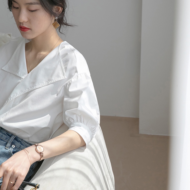 Áo kiểu tay ngắn màu trắng thiết kế mới thanh lịch dành cho mùa hè