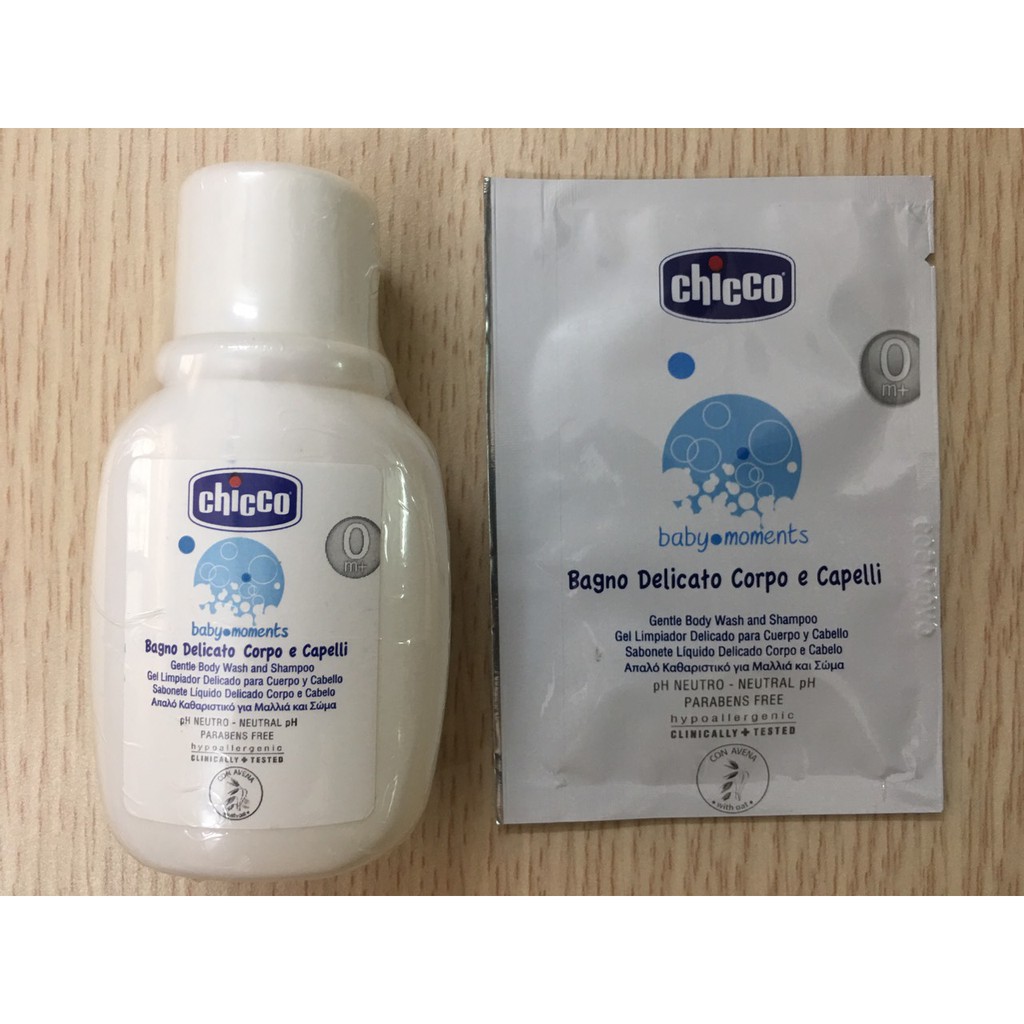 Sữa tắm gội chicco chiết xuất Yến mạch cho bé chai Du lịch 50ml & gói dùng thử