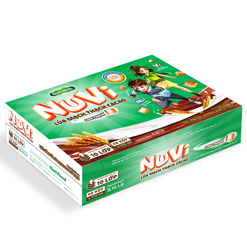 Thùng 48 hộp NuVi TU Sữa Lúa Mạch Cacao Có Thạch Hộp 170 ml/hộp