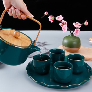 Bộ ấm chén quà tặng bằng sứ cao cấp màu xanh cổ vịt - kèm khay hình lá sen
