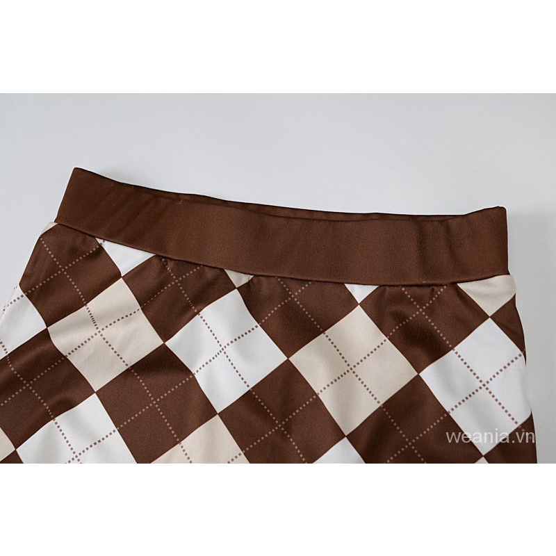 Set đồ gồm áo tanktop cổ tròn + chân váy lưng cao sọc caro xinh xắn thời trang dành cho nữ