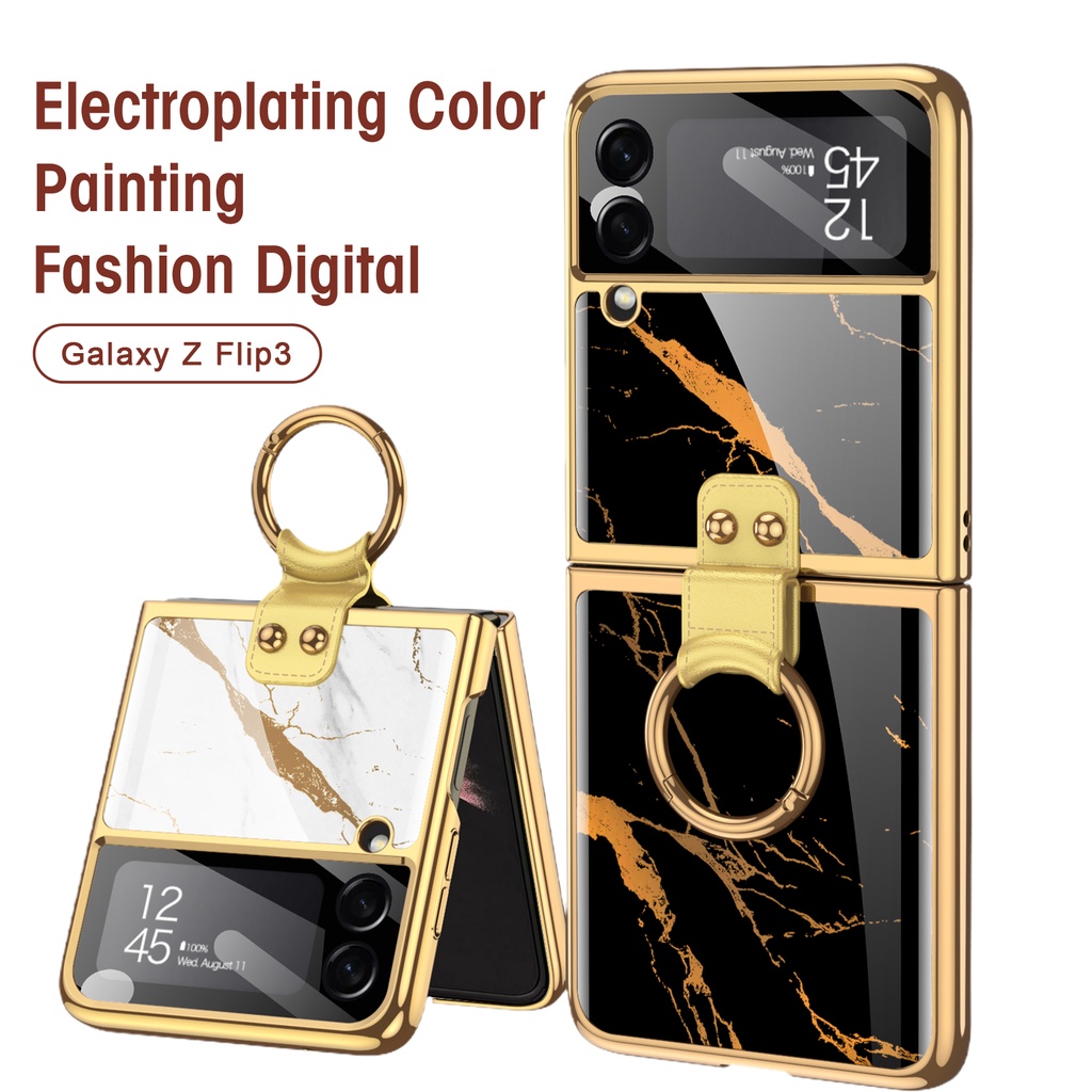 Ốp Điện Thoại Mặt Kính Mạ Điện Chống Sốc Kèm Móc Xỏ Ngón Cho Samsung Galaxy Flip3