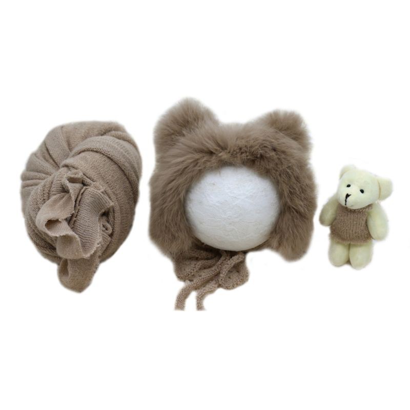 3 Pcs/set Newborn Photography Props Fluffy Stretch Knit Wrap with Cute Rabbit