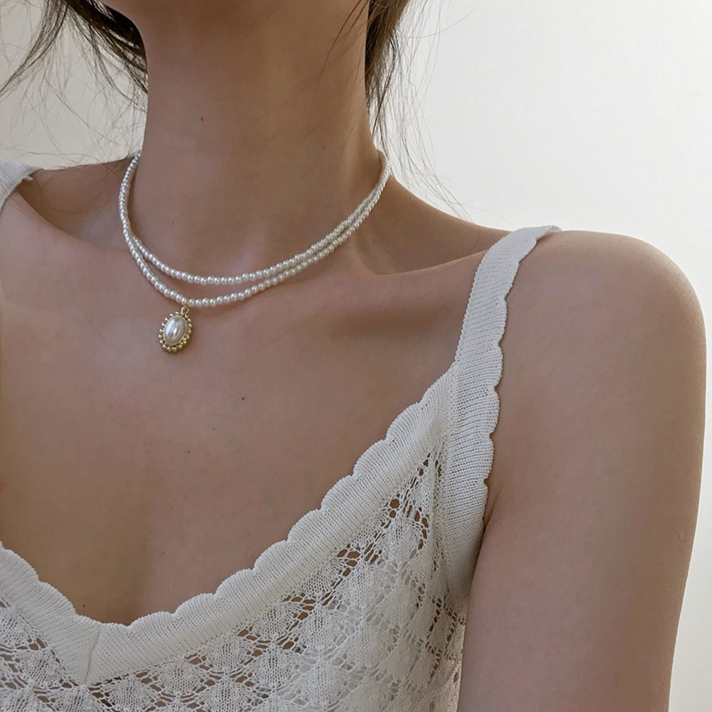 Dây Chuyền Hai Lớp Đính Ngọc Trai Nhân Tạo Phong Cách Vintage